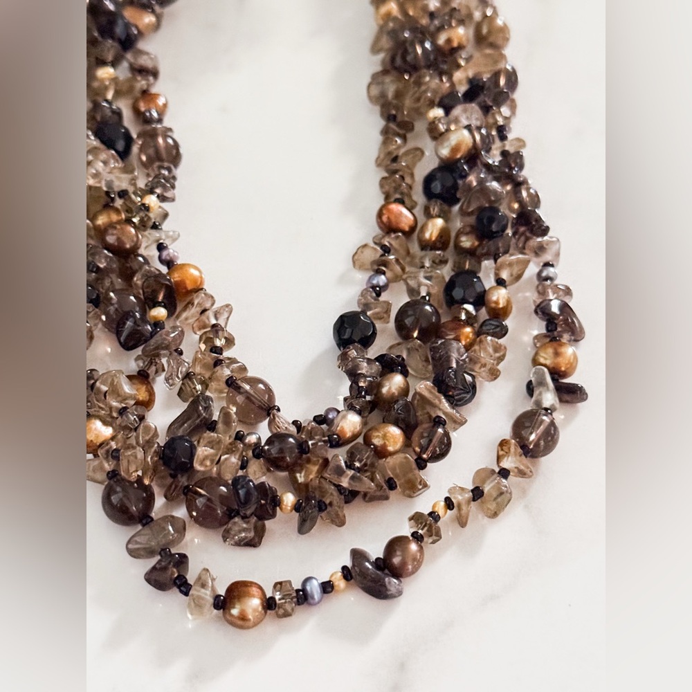 Multi-strand Quartz and Freshwater Pearl Necklace with Sterling Silver Toggle - Picture 4 of 14